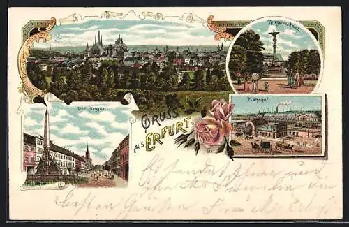 Lithographie Erfurt, Ortsansicht, Blick auf Kriegerdenkmal, Bahnhof und Anger