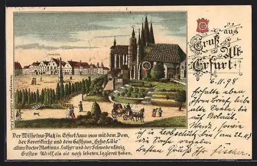 Lithographie Erfurt, Der Wilhelms-Platz mit Dom, Severikirche und Gasthaus Hohe Lilie
