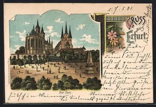 Lithographie Erfurt, Dom mit Denkmal