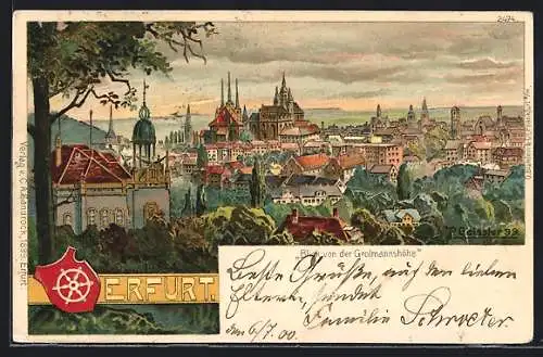 Lithographie Erfurt, Panorama von der Grolmannshöhe gesehen