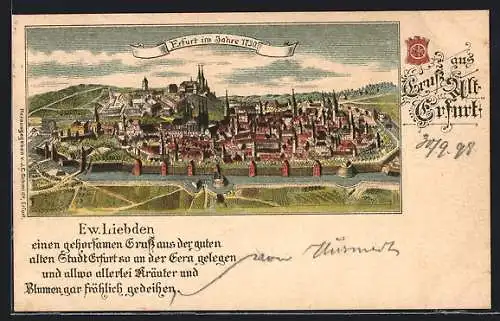 Lithographie Erfurt, Ortsansicht im Jahre 1730
