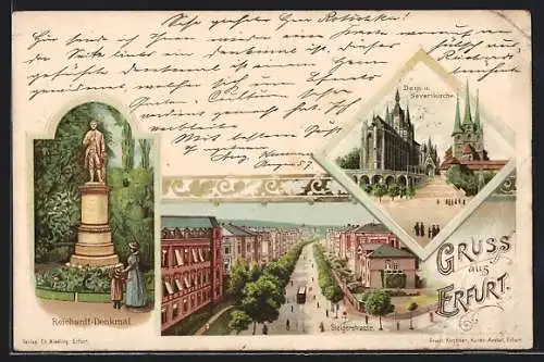 Lithographie Erfurt, Reichardt-Denkmal, Steigerstrasse, Dom & Severikirche