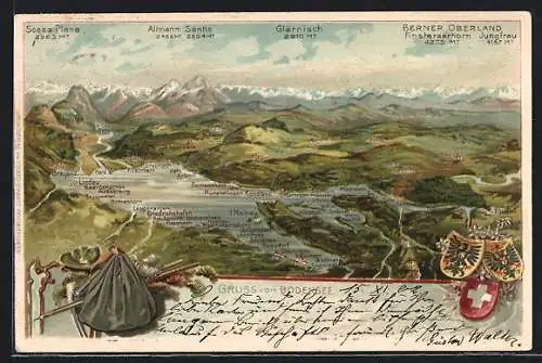 Lithographie Nonnenhorn, Der Bodensee mit allen Ufergemeinden und den Bergen der Umgebung, Wappen, Wandererutensilien