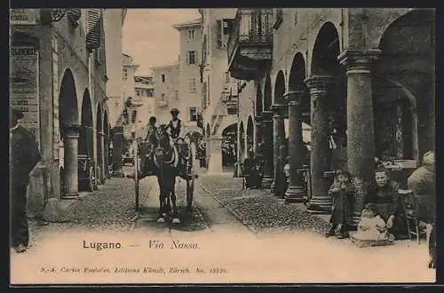 AK Lugano, Via Nassa mit Kutsche