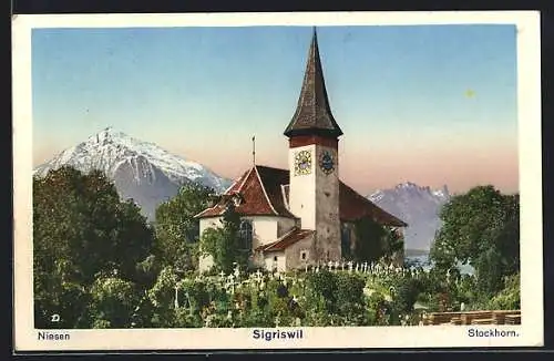 AK Sigriswil, Kirche vor Niesen und Stockhorn