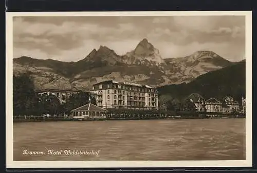 AK Brunnen, Hotel Waldstätterhof vor Bergpanorama