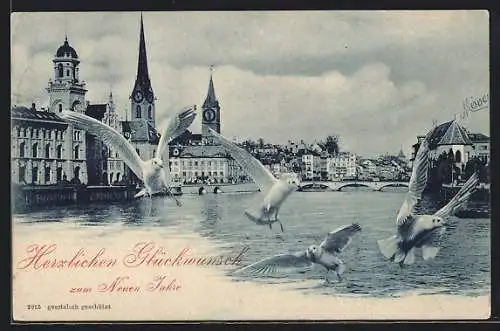 AK Zürich, Flusspartie mit Brücke und Möwen