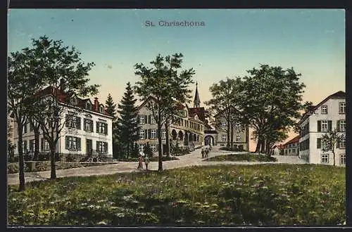 AK St. Chrischona, Ortspartie mit Blumenwiese