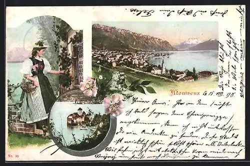 AK Montreux, Ortsansicht mit Halbinsel, Dame in Tracht