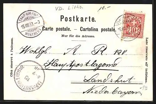 AK Montreux, Ortsansicht mit Halbinsel, Dame in Tracht