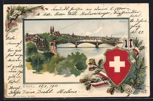 Passepartout-Lithographie Basel, Totalansicht, Schweizer Wappen
