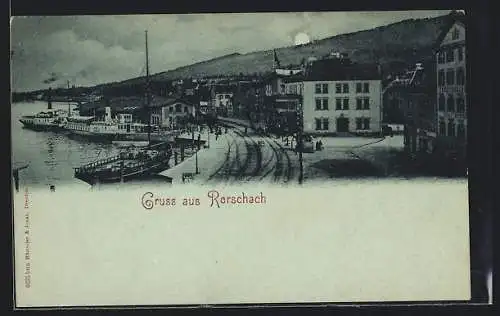 Mondschein-AK Rorschach, Dampfer am Hafen
