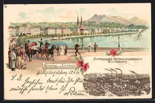 Lithographie Luzern, Flaneure am Seeufer, Hoffmanns Stärkefabriken in Salzuflen