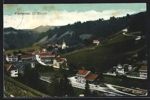 AK Fischenthal, Ortsansicht mit Bahnhof und Kirche