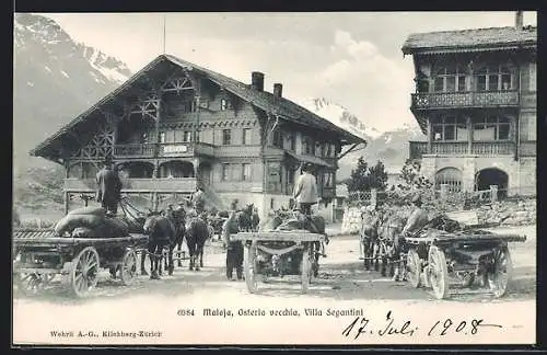 AK Maloja, Hotel Villa Segantini, Osteria vecchia, Fuhrwerke