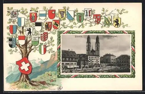 Präge-AK Zürich, Am Rathausquai, Baum mit Wappen der Kantone