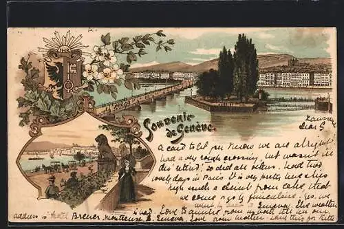 Lithographie Genève, Ortsansicht mit Brücke, Löwenstatue, Stadtwappen