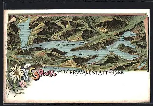 AK Brunnen /Vierwaldstättersee, Landkarte von der Umgebung des Vierwaldstättersee