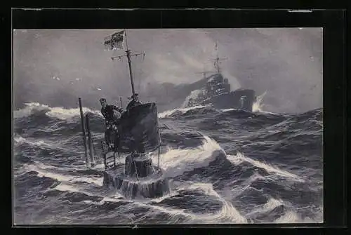 Künstler-AK Stoewer: Unterseeboot auf der Nordsee, Auf der Wacht