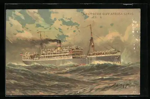 Künstler-Lithographie Willy Stoewer: Passagierschiff d. Deutsche Ost-Afrika-Linie auf See