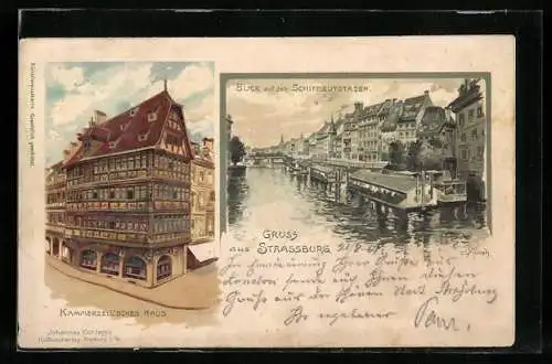 Lithographie Strasbourg, Kammerzellsches Haus, Blick auf den Schiffleutstaden