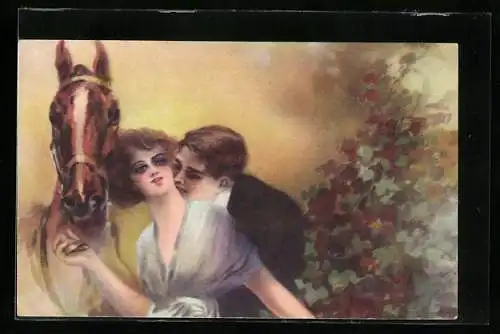 Künstler-AK Liebespaar mit Pferd, Art Deco