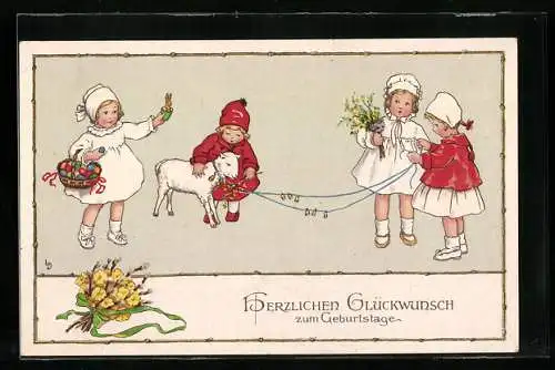 Künstler-AK Lia Döring: Kinder mit Osterkorb und Osterlamm