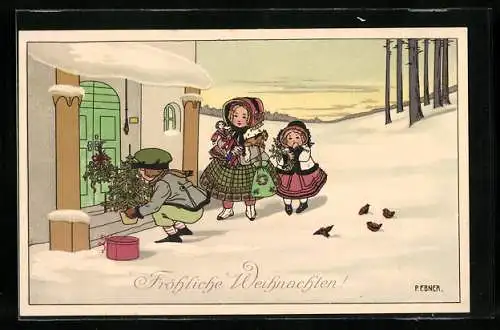 Künstler-AK Pauli Ebner: Kinder mit Weihnachtsbaum