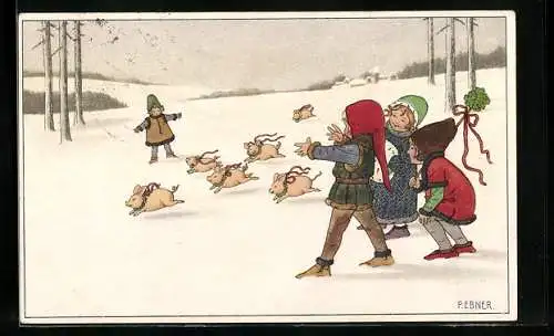 Künstler-AK Pauli Ebner: Kinder und rennende Schweine im Schnee
