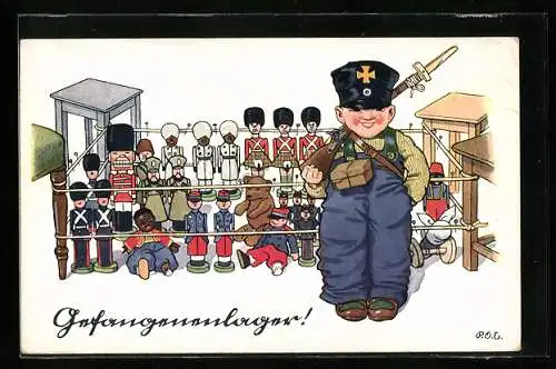 Künstler-AK P. O. Engelhard (P.O.E.): Junger Soldat bewacht seine Spielzeugsoldaten Gefangenenlager