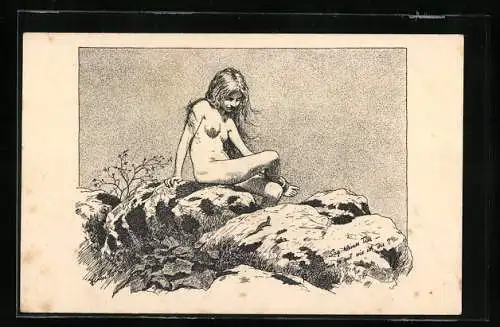Künstler-AK Fidus: Sag` kleines Tier, Nackte Frau sitzt auf einem Stein