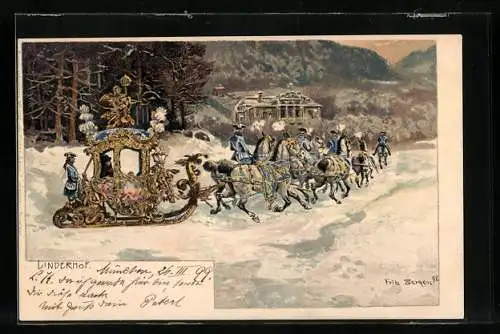 Künstler-AK Fritz Bergen: Linderhof, Ludwig II. auf Pferdeschlitten im Winter
