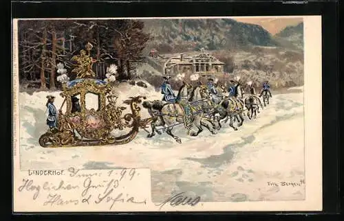 Künstler-AK Fritz Bergen: Linderhof, Ludwig II. auf Pferdeschlitten im Winter