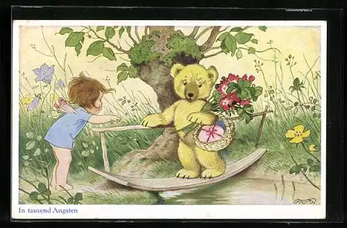Künstler-AK F.Baumgarten: In tausend Ängsten, Fee hilft dem Teddy über die Brücke