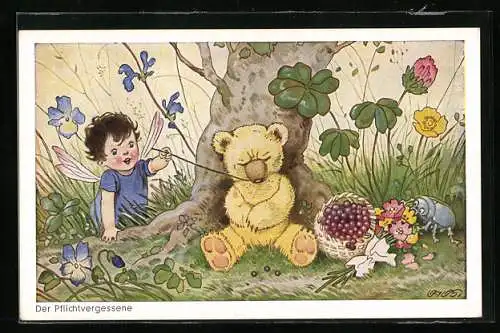 Künstler-AK F.Baumgarten: Teddybär mit Weintraubenkorb und Schmetterlingskind
