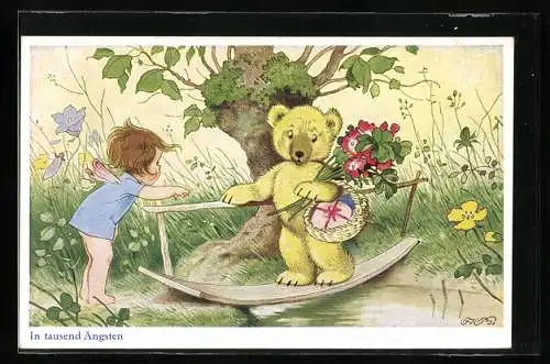 Künstler-AK F.Baumgarten: Mädchen hilft Teddybär über die Brücke