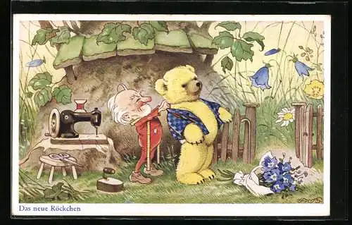 Künstler-AK F.Baumgarten: Teddybär beim Schneider Zwerg lässt sich Masskleidung anfertigen, Nähmaschine