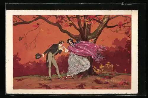 Künstler-AK Tito Corbella: Handkuss im Herbstwind