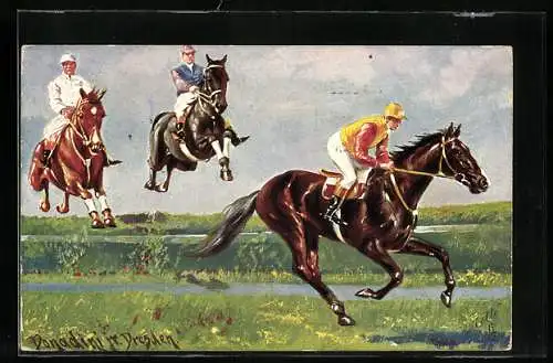 Künstler-AK Ermenegildo Carlo Donadini: Pferderennen, Wassergraben