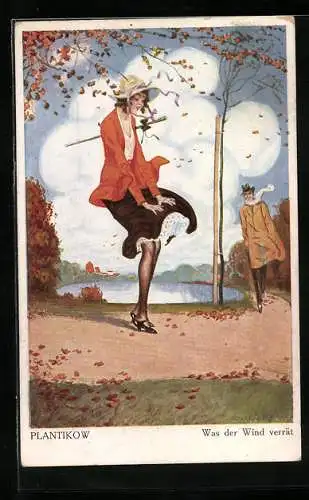 Künstler-AK Plantikow: Was der Wind verrät, Wind lüftet das Kleid einer Dame