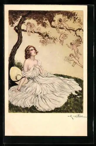 Künstler-AK Charles Naillod: Hübsches Mädchen unter einem Baum sitzend von Engeln umschwärmt