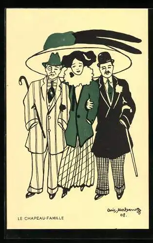 Künstler-AK A. Mertzanoff: Dame mit grossem Hut und zwei Herren