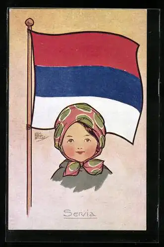Künstler-AK H. G. C. Marsh-Lambert: Mädchen mit Serbischer Flagge