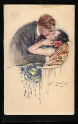 Künstler-AK Mauzan: Mann küsst die Frau auf dem Sofa