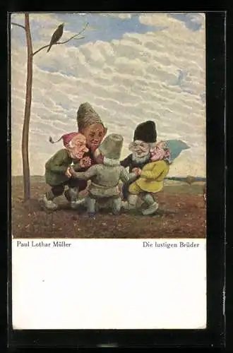 Künstler-AK sign.: Paul Lothar Müller: Die lustigen Brüder, Zwerge tanzen