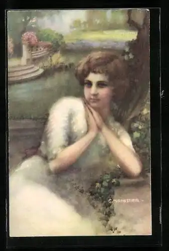 Künstler-AK C. Monestier: Junge Frau im Garten