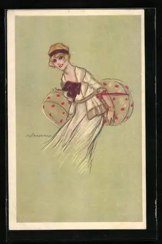 Künstler-AK A. Zandrino: Junge Dame mit Geschenkpaketen