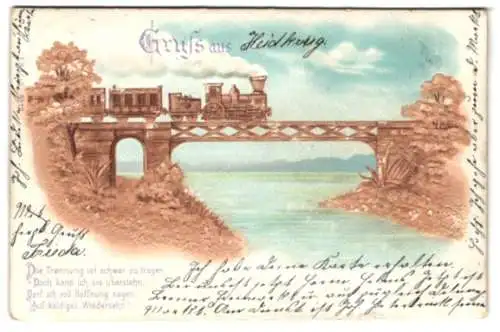 Kork-AK Ein Zug fährt auf Brücke über Fluss