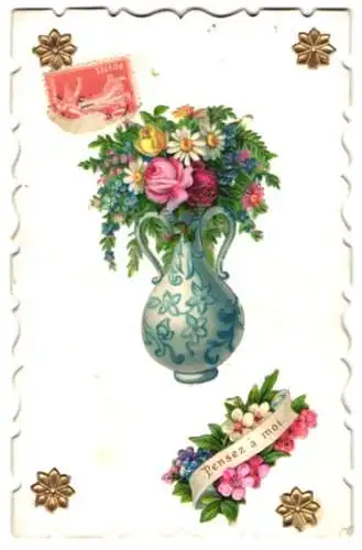 Oblaten-AK Blumenstrauss in einer Vase