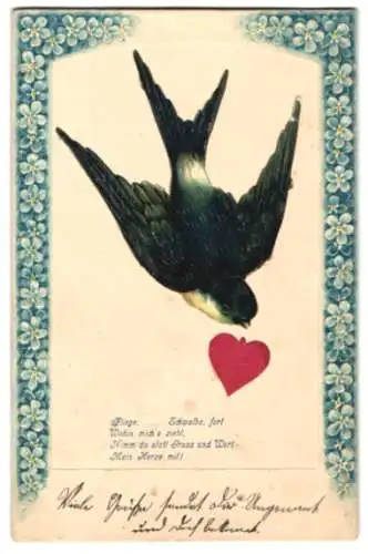 Oblaten-AK Schwalbe mit Herz